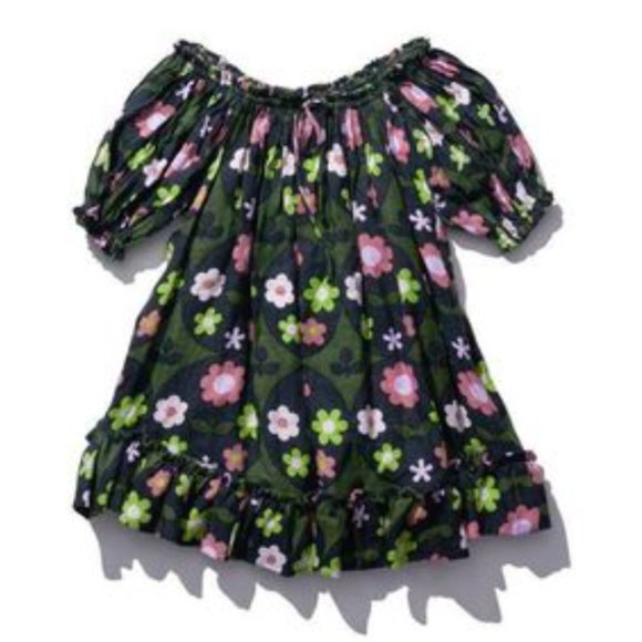 INNIKA CHOO forest green retro floret printed linen ruffled heirloom mini dress - Picture 1 of 11